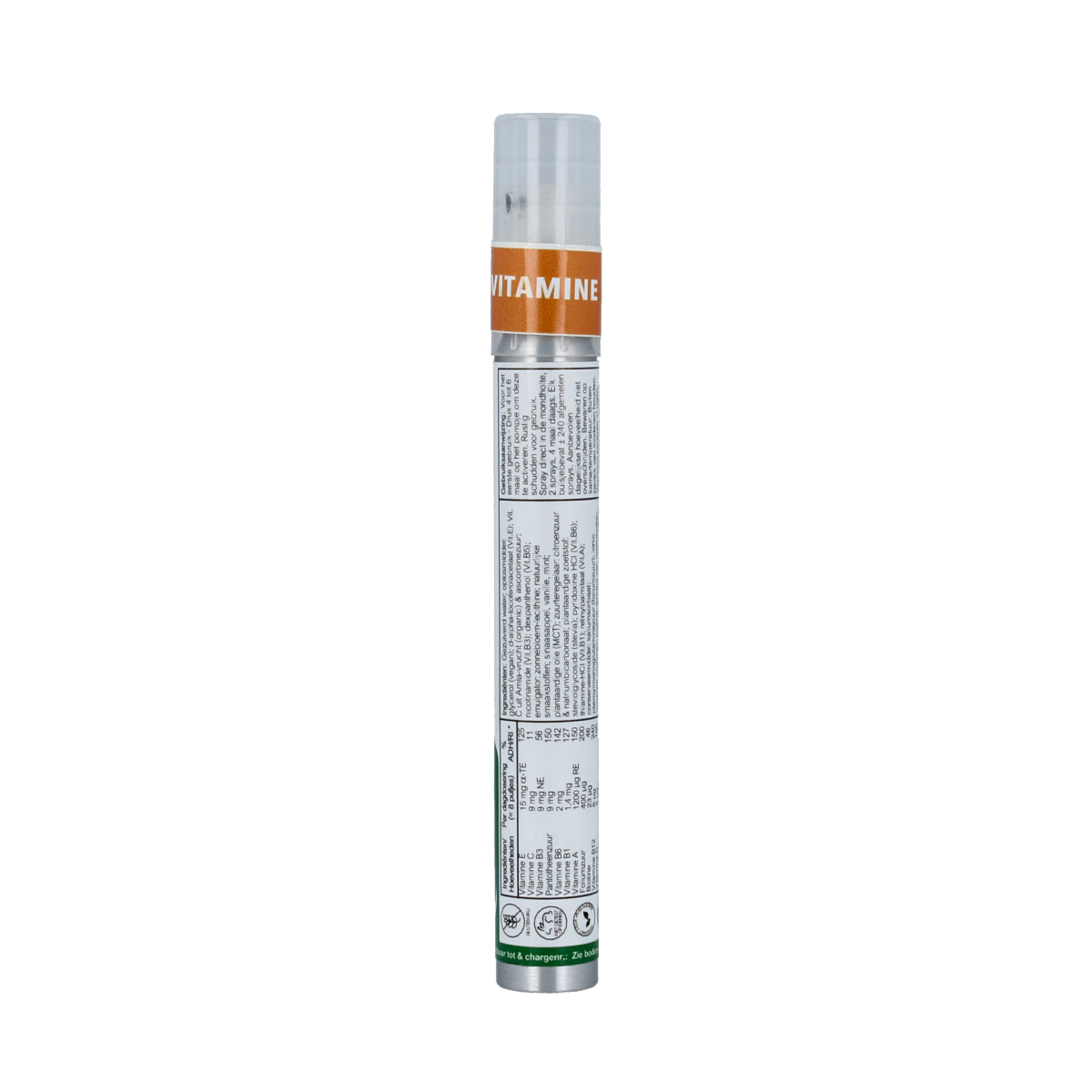 Nutura Vitaminesprays Multi vitamin spray bottle with 14.40 ml liquid, featuring colorful packaging and a spray nozzle.