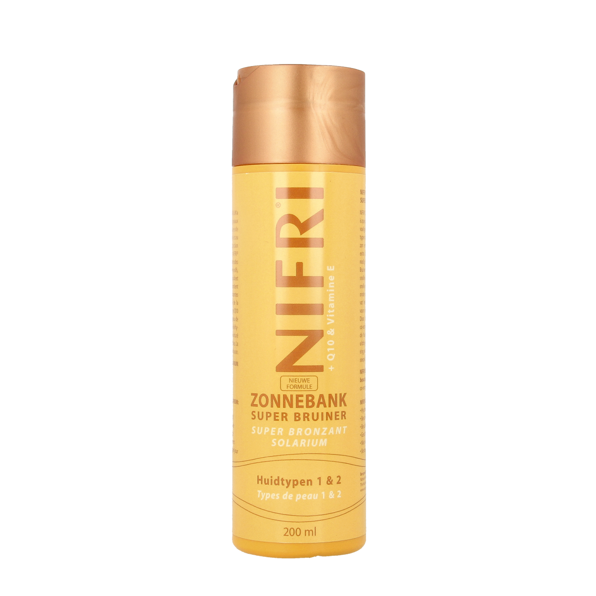 Nifri Zonnebank superbruiner 1 & 2 tanning lotion bottle, 200ml, with a sleek design and label showing product details.