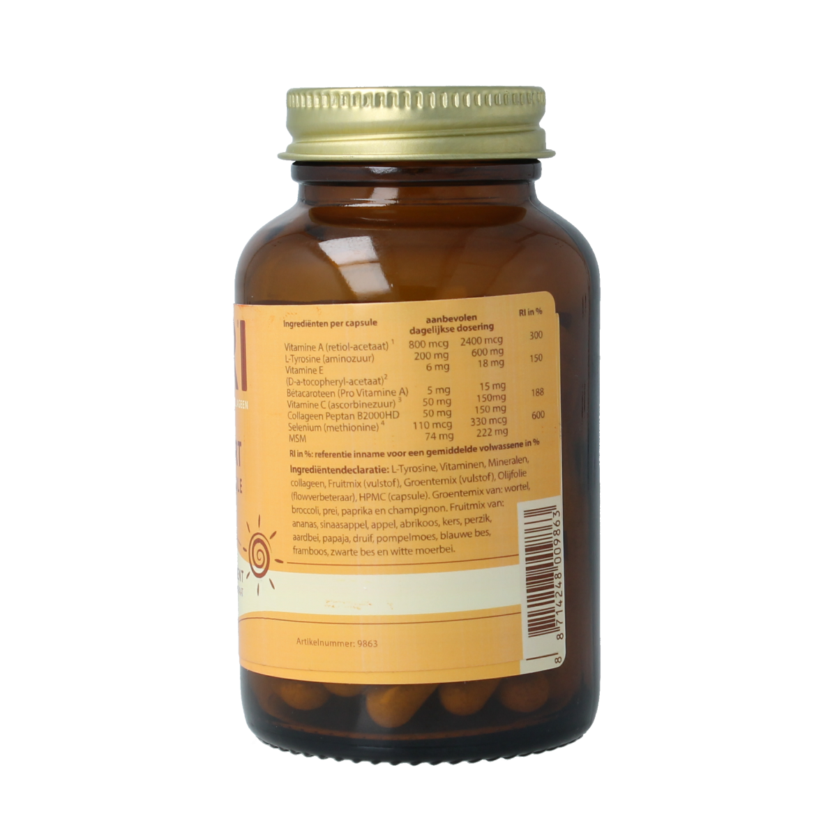 Nifri Bruiningscaps+ multivitamin capsules with L-tyrosine and collagen, 60 capsules, dietary supplement for overall health.