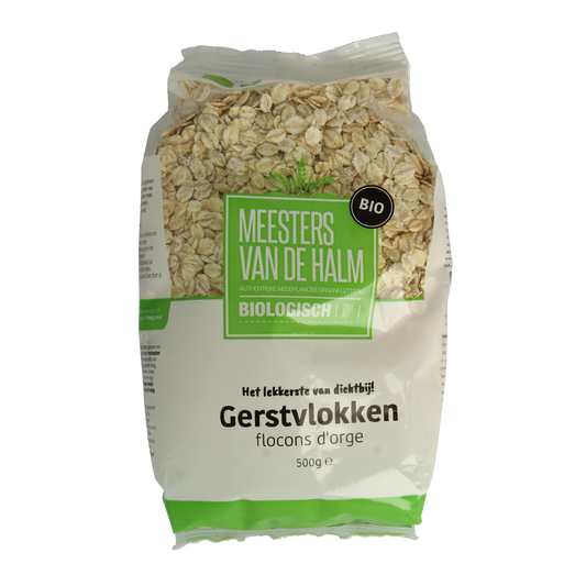 De Halm organic barley flakes in a 500g package, breakfast cereal with natural whole grain appearance