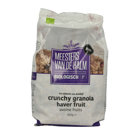 De Halm Crunchy granola haver fruit bio in 450g package, natural breakfast cereal with oats and dried fruit.