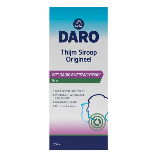 Daro Thijmsiroop herbal preparation in 200ml bottle, featuring a label with natural ingredients and product branding.