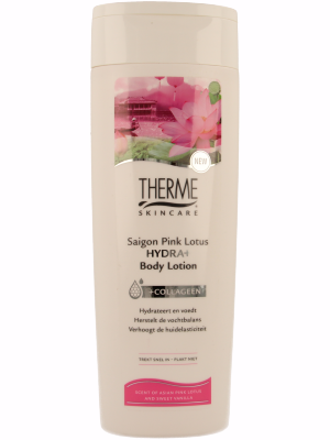 Therme Saigon Pink Lotus Body Lotion Hydra+ 250ml bottle with pink lotus flowers and hydrating formula for skin.