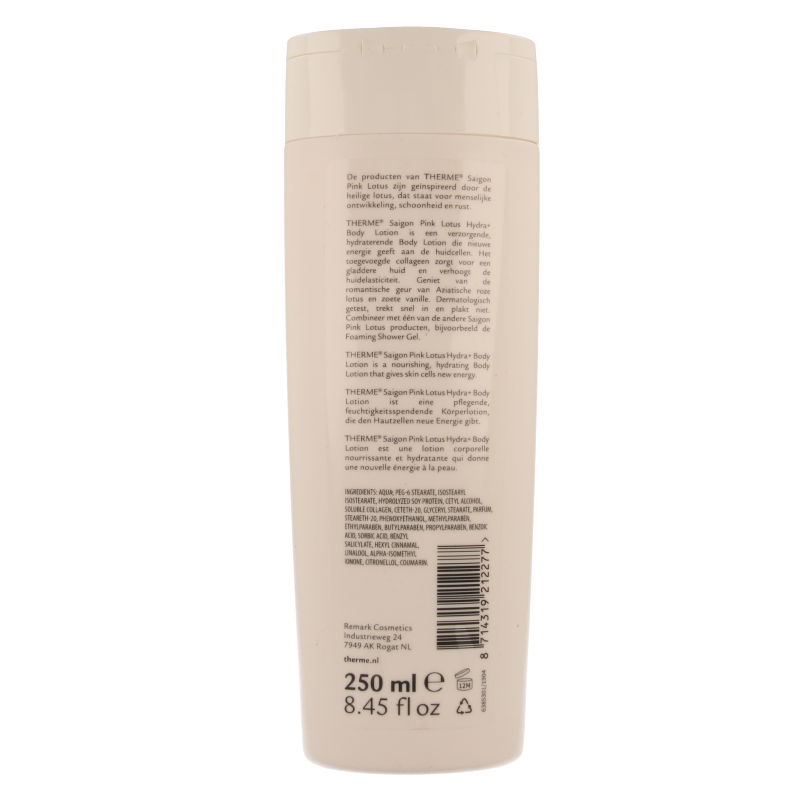 Therme Saigon pink lotus body lotion hydra+ in 250ml bottle, moisturizing body care with pink lotus extract, natural and nourishing.