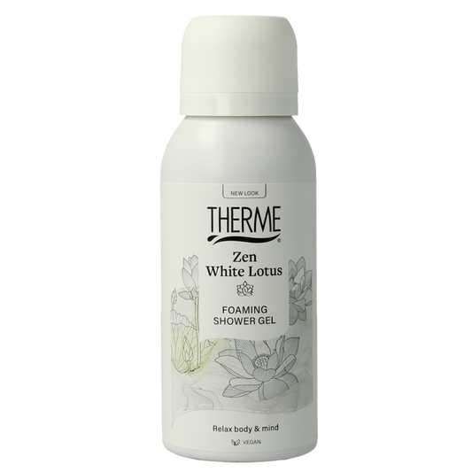 Therme Zen White Lotus foam shower in 50ml bottle, designed for luxurious bath and shower experience with soothing fragrance.