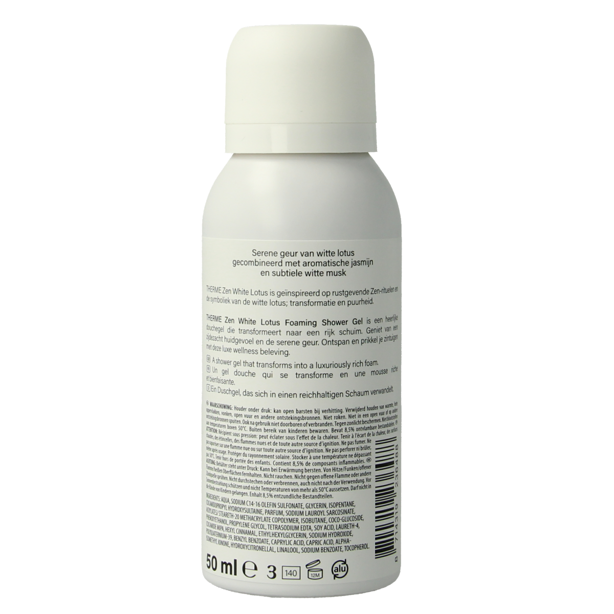 Therme Zen white lotus foam shower bottle, 50ml, soft and luxurious bath and shower product with floral scent.