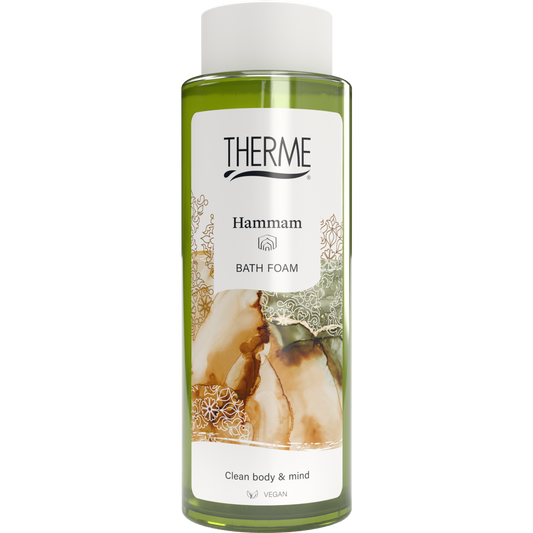 Therme Hammam relaxing foam bath in 500ml bottle, ideal for bath and shower, with soothing and fragrant formula.