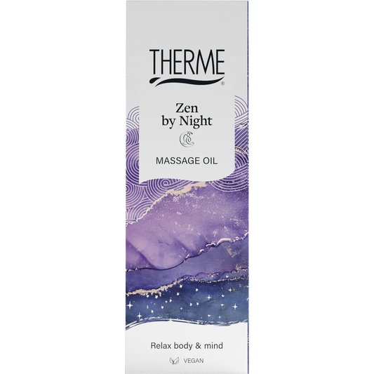 Therme Zen by night massage oil in 125ml bottle, moisturizing body care product with calming aroma displayed in the image.