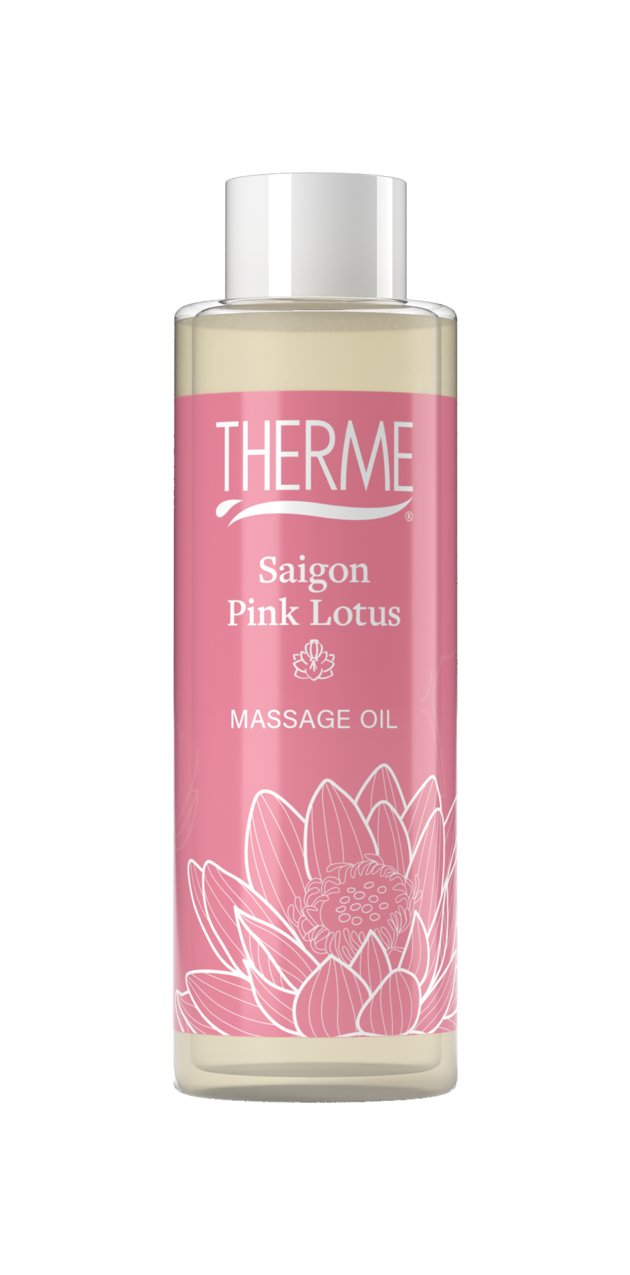 Therme Saigon pink lotus massage oil in 125ml bottle, natural body care product with floral pink lotus design.