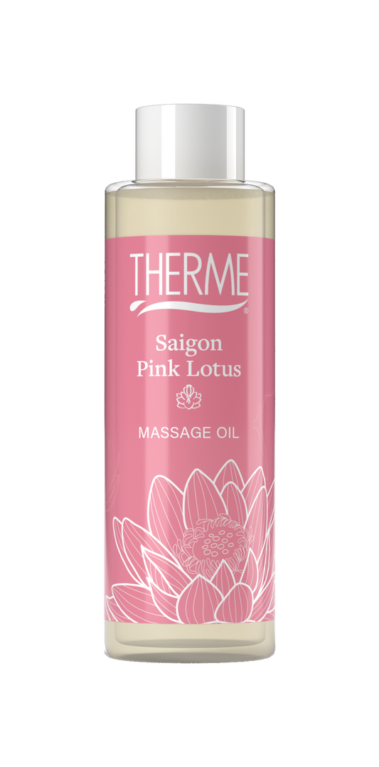 Therme Saigon pink lotus massage oil in 125ml bottle, natural body care product with floral pink lotus design.