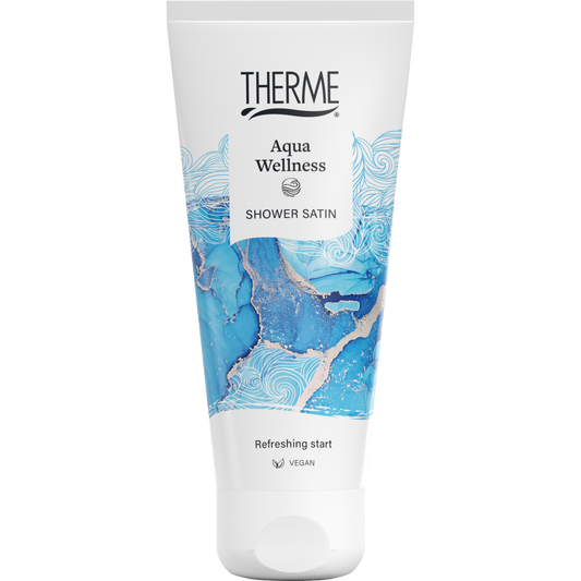 Therme Aqua Wellness Shower Satin 200ml bottle, smooth bad en douche product with sleek packaging and pump dispenser.