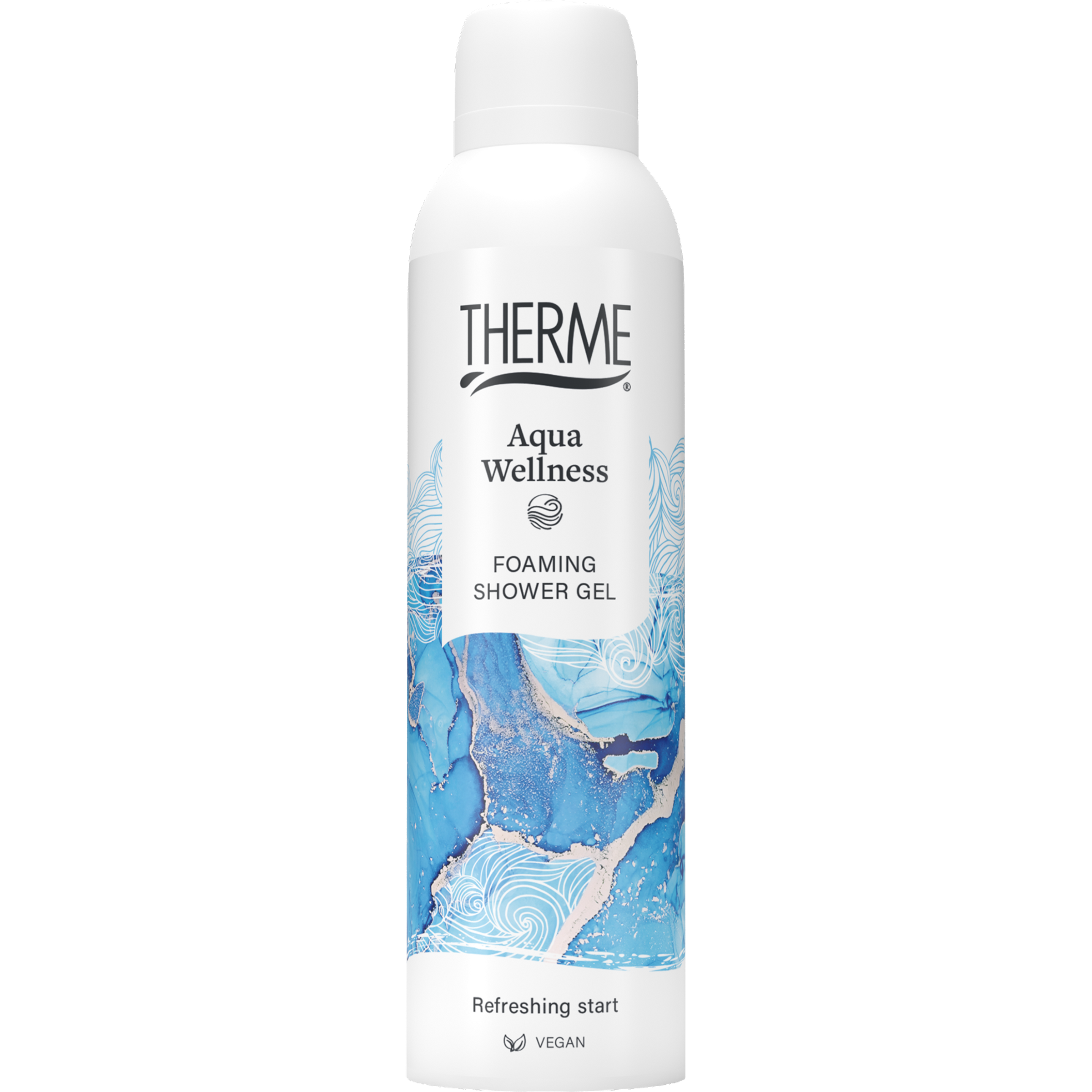 Therme Aqua Wellness foam shower bottle, 200ml, with a sleek container and pump dispenser, designed for bathing and showering.