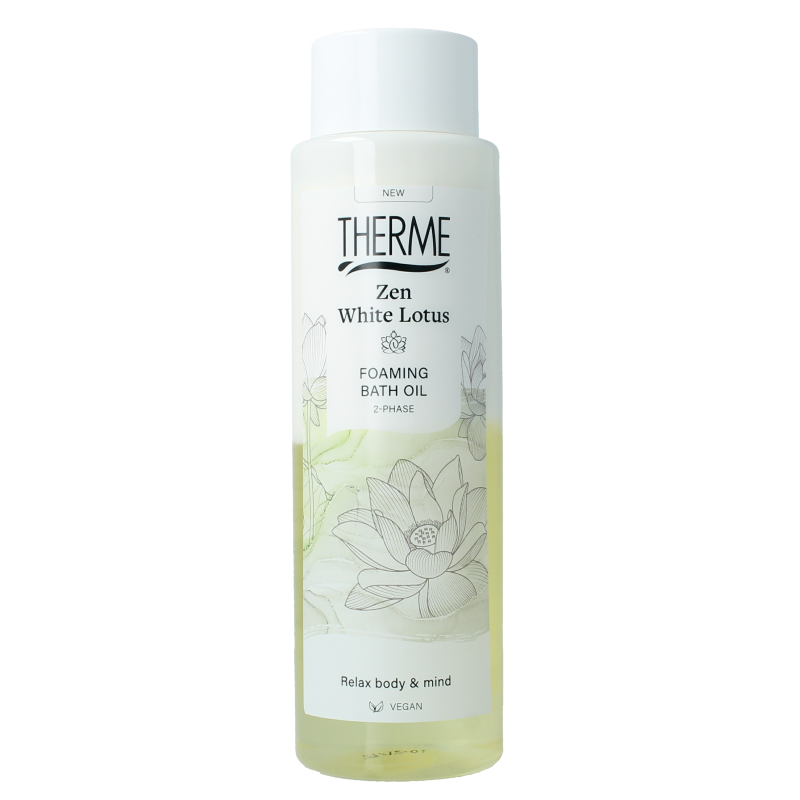 Therme Zen white lotus foaming bath oil bottle for bath and shower, 400ml, with a minimalist white and blue design.
