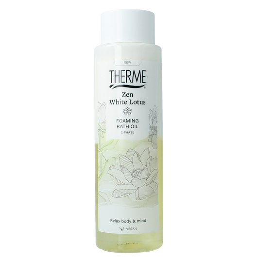 Therme Zen white lotus foaming bath oil bottle for bath and shower, 400ml, with a minimalist white and blue design.