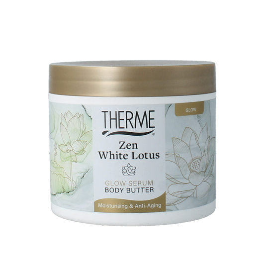 Therme Zen white lotus glow serum body butter in 225g jar, smooth cream with white lotus scent for nourishing body care.