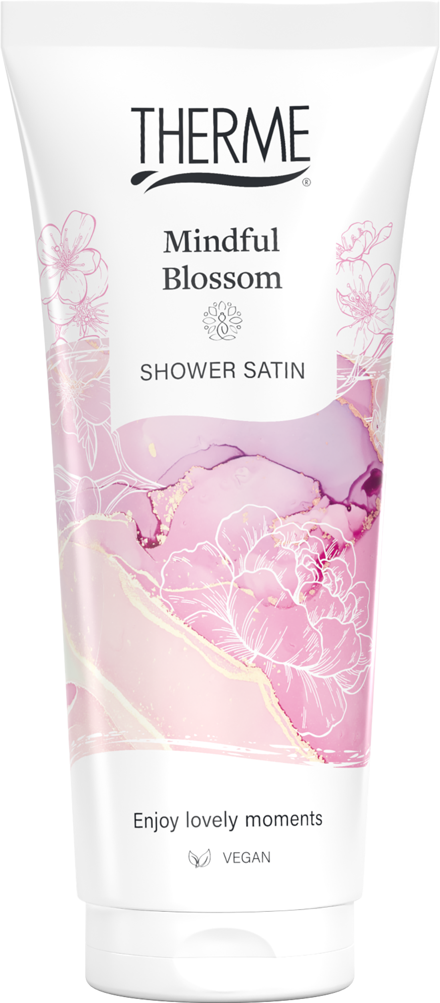 Therme Mindful Blossom Shower Satin 200ml body care product with floral packaging and soft, silky texture visible in the image.
