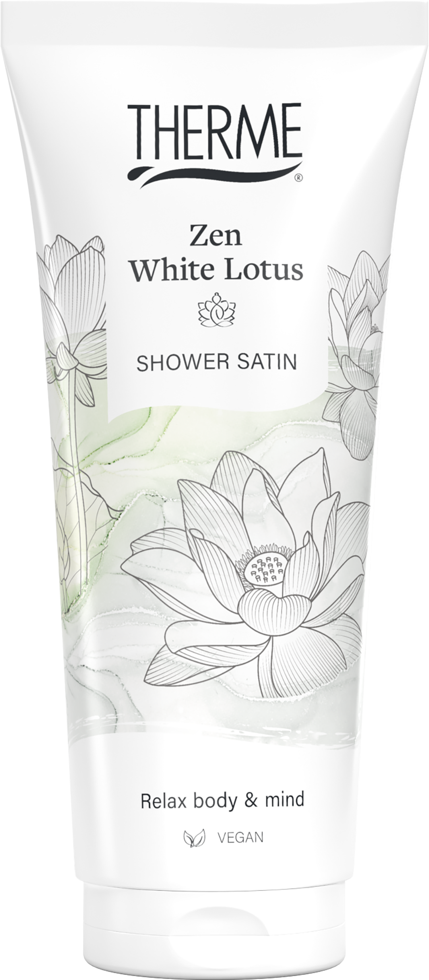 Therme Zen White Lotus shower satin bottle, 200ml, for outer care, featuring a white lotus design and sleek packaging.