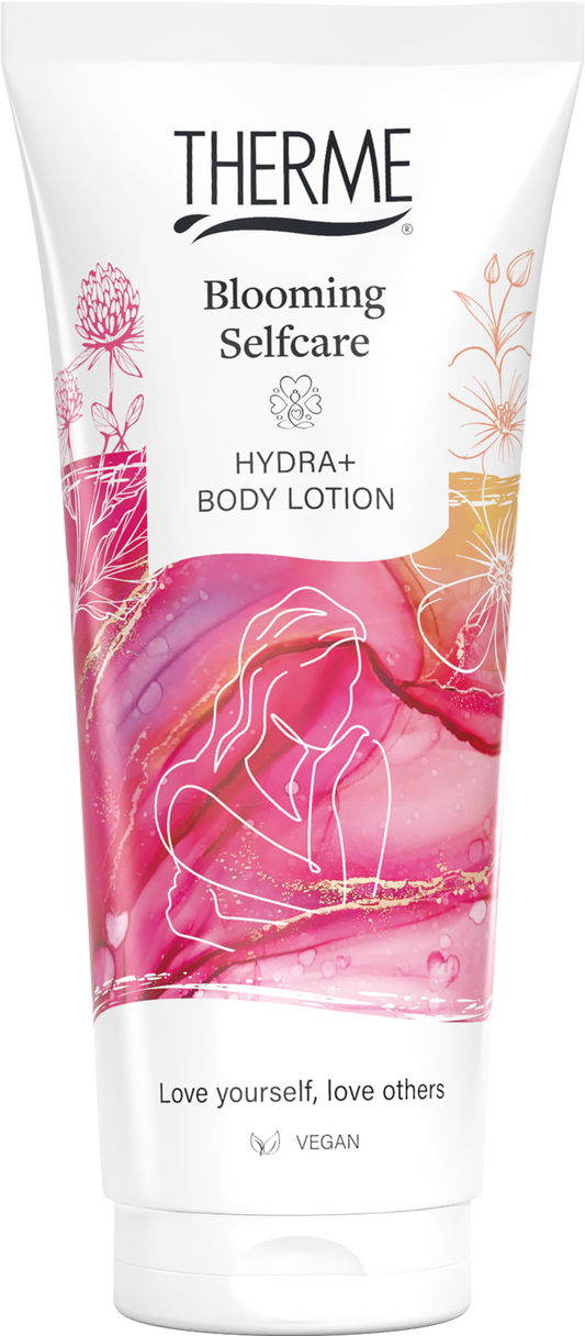 Therme Blooming self-care body lotion in 200ml bottle, featuring floral label and pump dispenser for moisturizing skin.