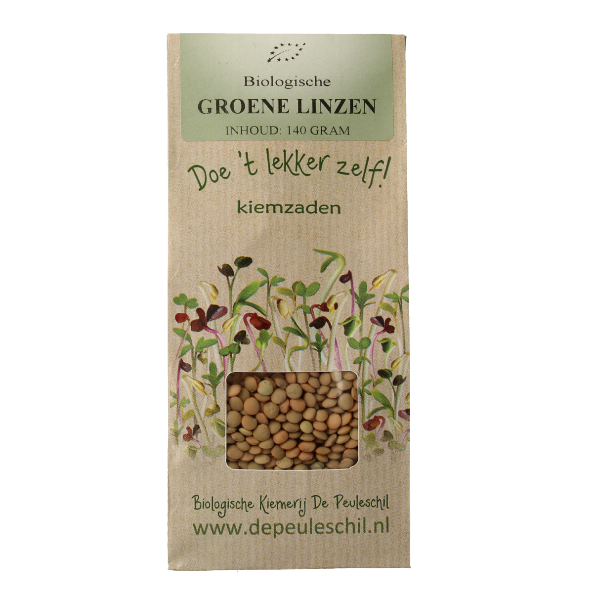 Organic green lentils from Peuleschil in a 140g package, displayed with fresh vegetables and potatoes.