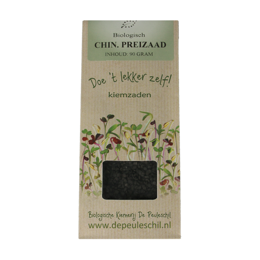 Organic Peuleschil Chinese preizaad potatoes in a 90g package, with fresh potatoes and vegetables visible in the image.