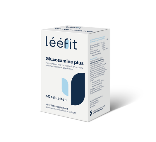 Leefit Glucosamine Plus mineral supplements in a bottle of 60 tablets, designed to support joint health and mobility