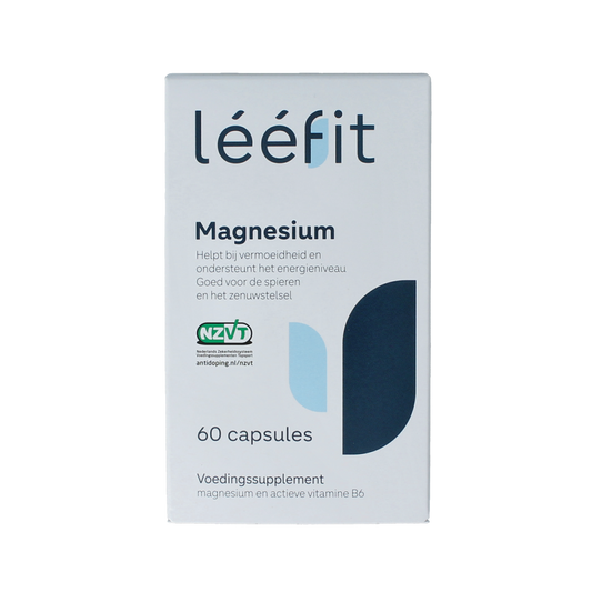 Leefit Magnesium mineral capsules bottle with label showing 60 capsules, close-up of supplement container.