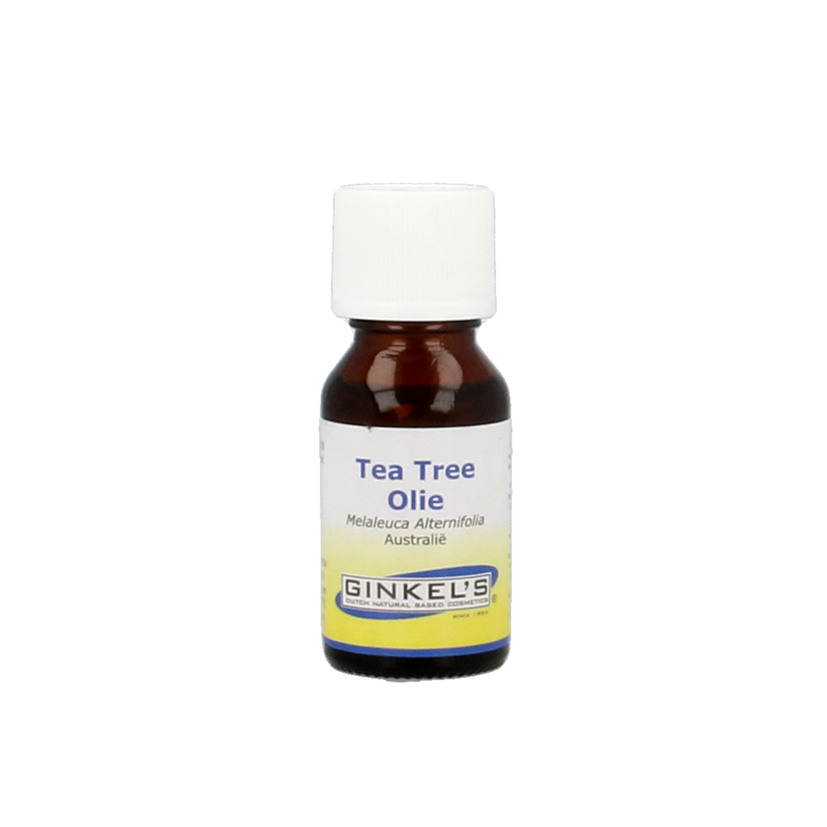 Ginkel's Tea Tree Oil from Australia, 15ml, natural essential oil with a clear glass bottle and dropper cap.