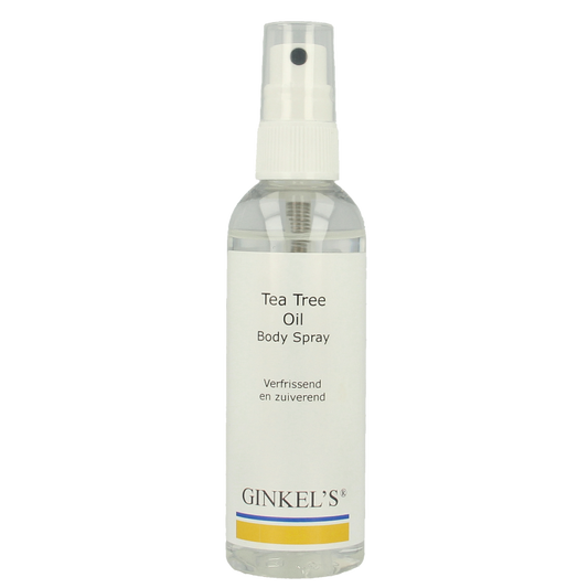 Ginkel's Tea Tree Spray for body care, 100ml, featuring clear spray bottle with tea tree oil for refreshing skin treatment.