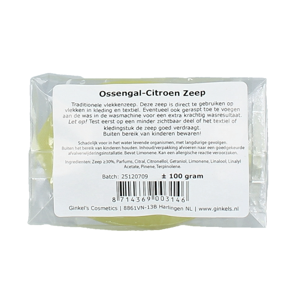 Ginkel's Ossengal citroen zeep bar, 100g, natural soap with lemon scent, showcasing the soap's textured surface and lemon illustrations.