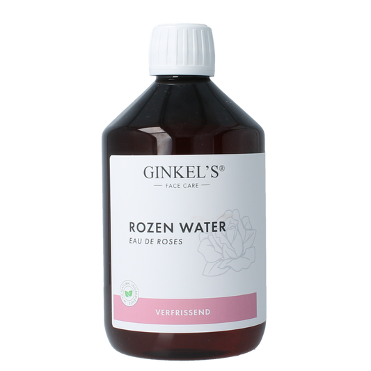 Ginkel's Rozenwater facial mist in a 500ml bottle, natural skincare product for refreshing and hydrating skin.