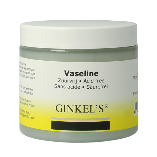 Ginkel's Vaseline zuurvrij body care jar, 200ml, featuring smooth, natural moisturizing skin care product with a white container.