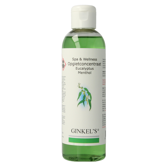 Ginkel's eucalyptus and menthol sauna steam concentrate in 200ml bottle, showcasing the aromatic essential oil for relaxation.