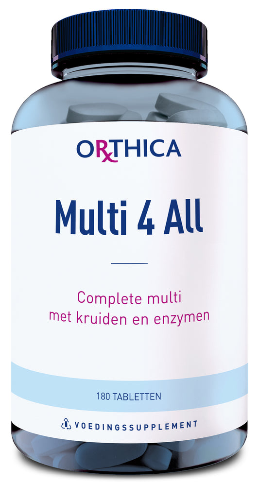 Orthica Multi 4 all multivitamin tablets in a bottle, showing colorful tablets for daily nutritional support.
