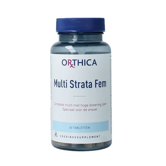 Orthica Multi Strata Fem multivitamin tablets in a blister pack, designed for women's nutritional support.