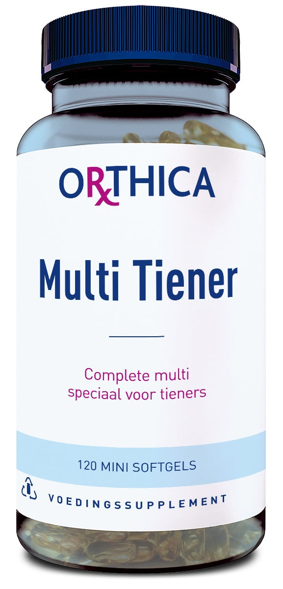 Orthica Multi Tiener softgel supplement bottle with label, showing 120 softgels for teenage nutritional support.