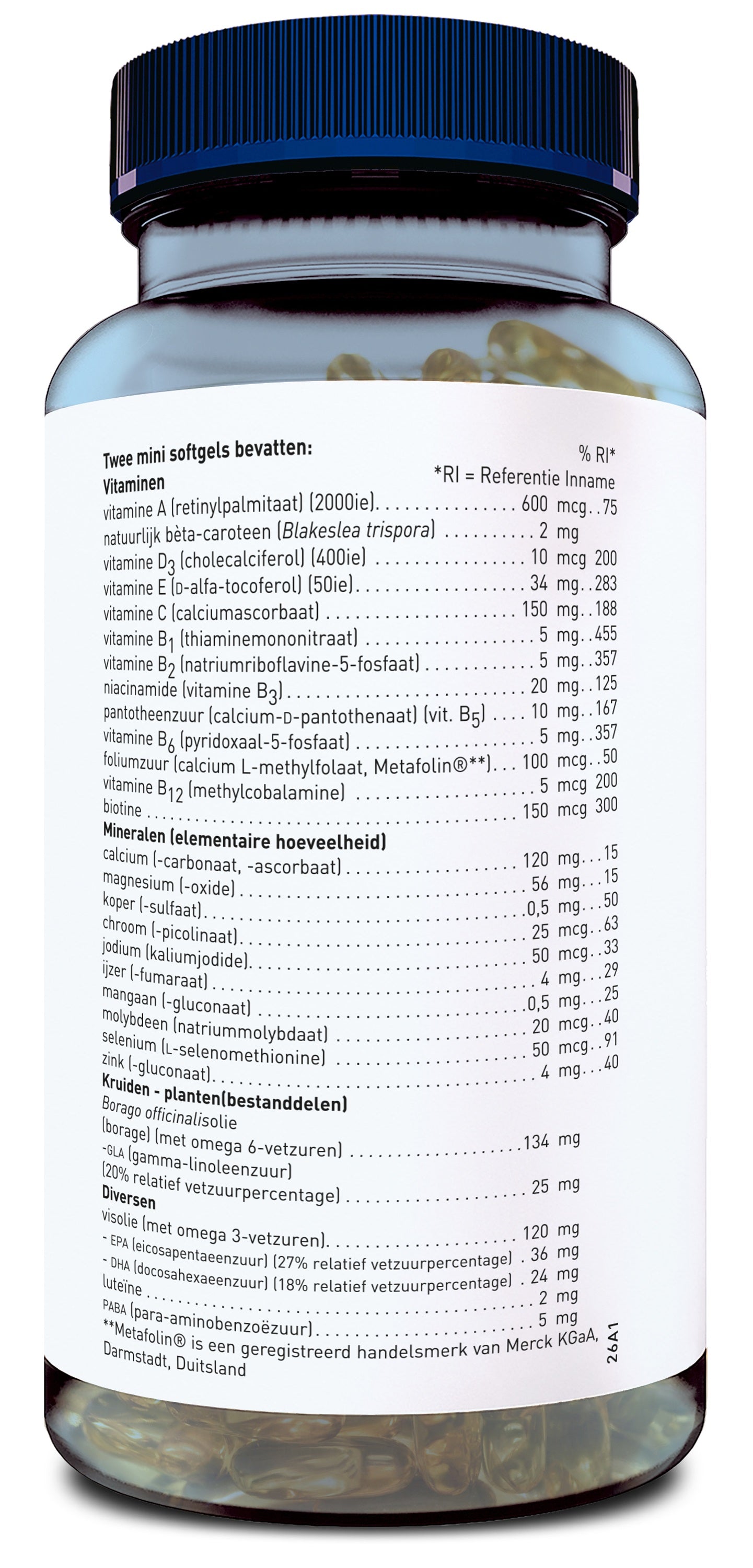 Orthica Multi Tiener softgels dietary supplement bottle with 120 softgels, designed for teenage nutritional support.