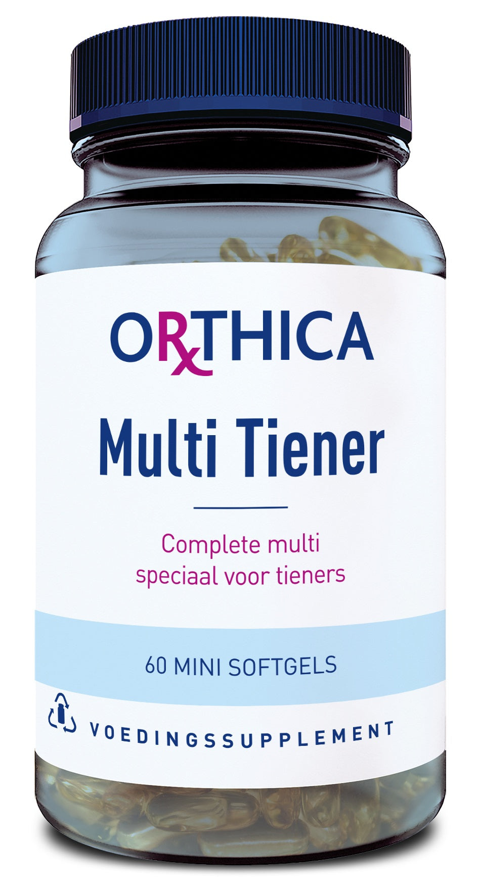 Orthica Multi Tiener softgels, dietary supplement and herbal preparation, shown in a bottle on a white background.
