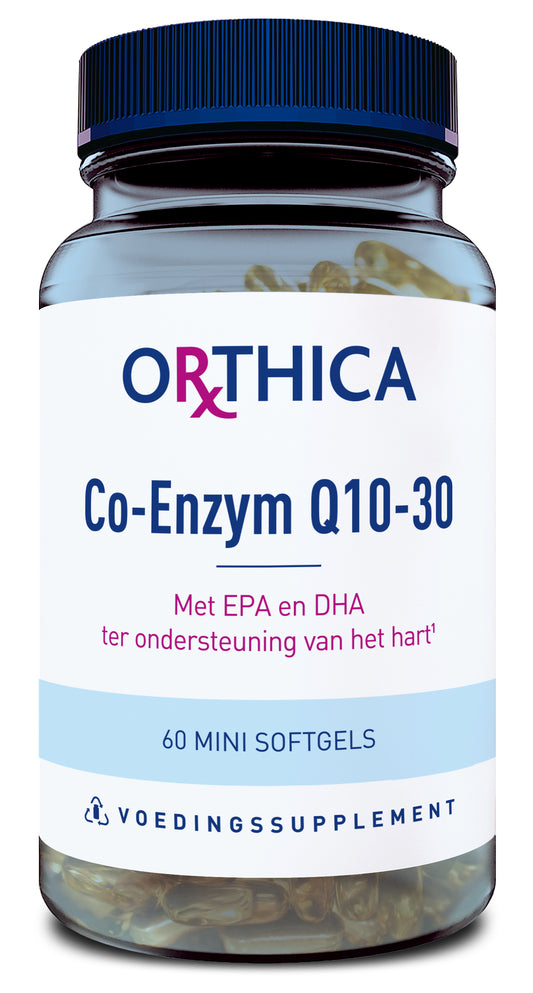 Orthica Co-enzym Q10 30 or 60 softgel capsules, dietary supplement with vitamin Q10 for energy support and antioxidant benefits