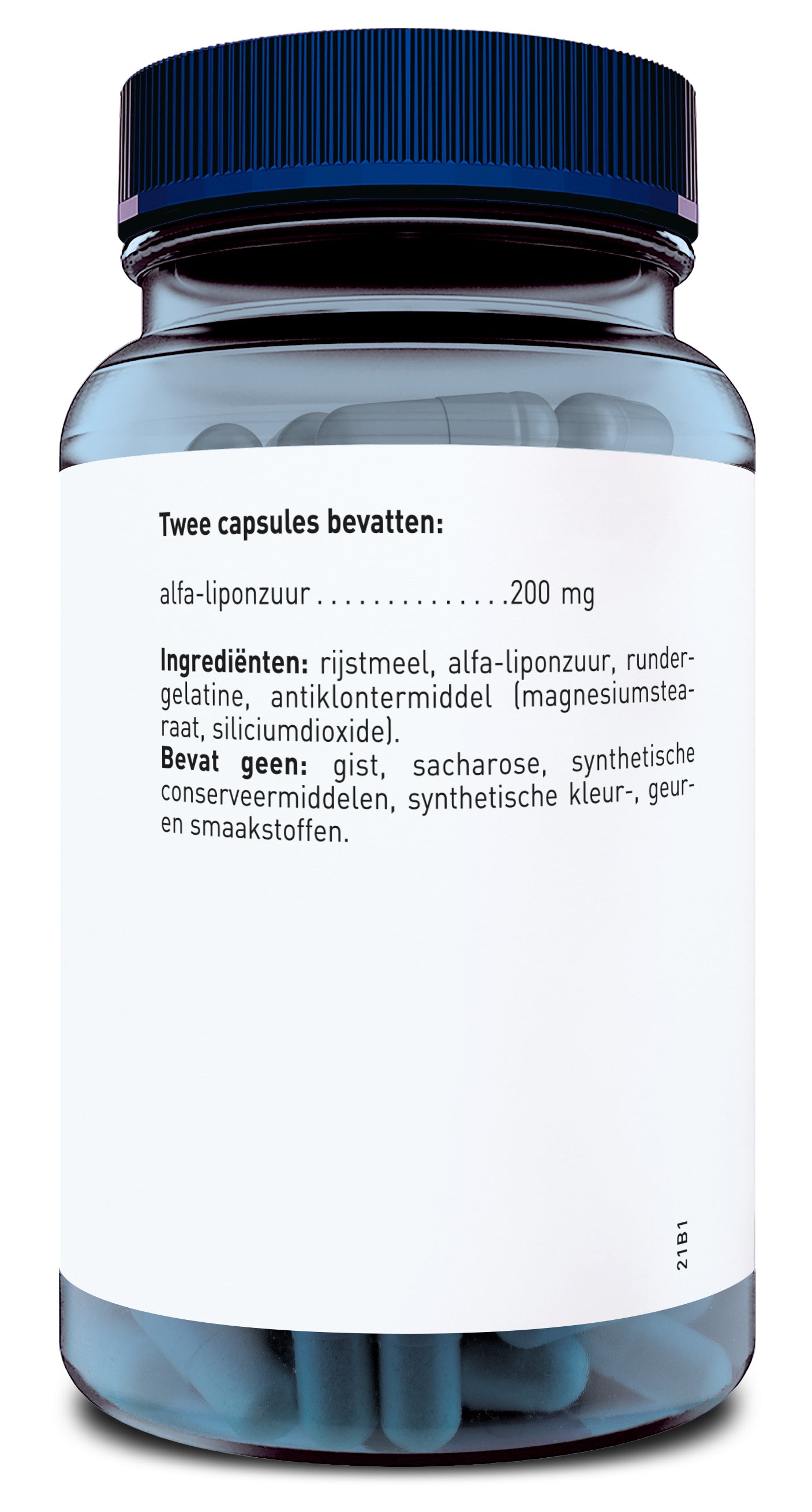 Orthica Alfa liponzuur amino acid capsules in a bottle, dietary supplement for health support.