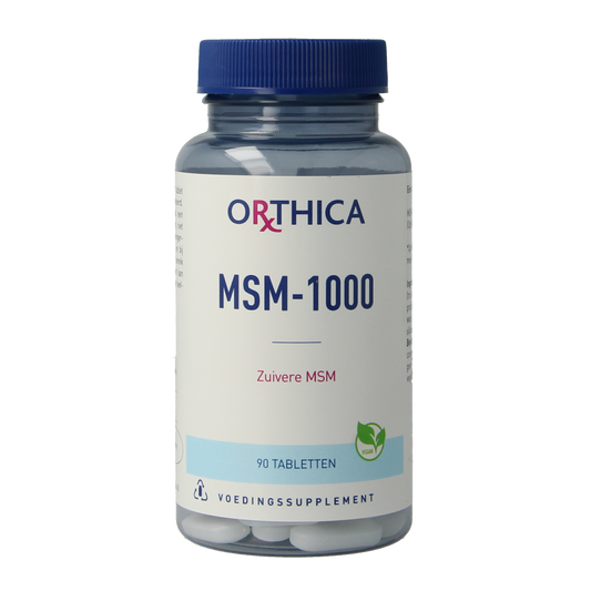 Orthica MSM 1000 mineral tablets in a bottle, showcasing the supplement's packaging and label for joint and skin support.