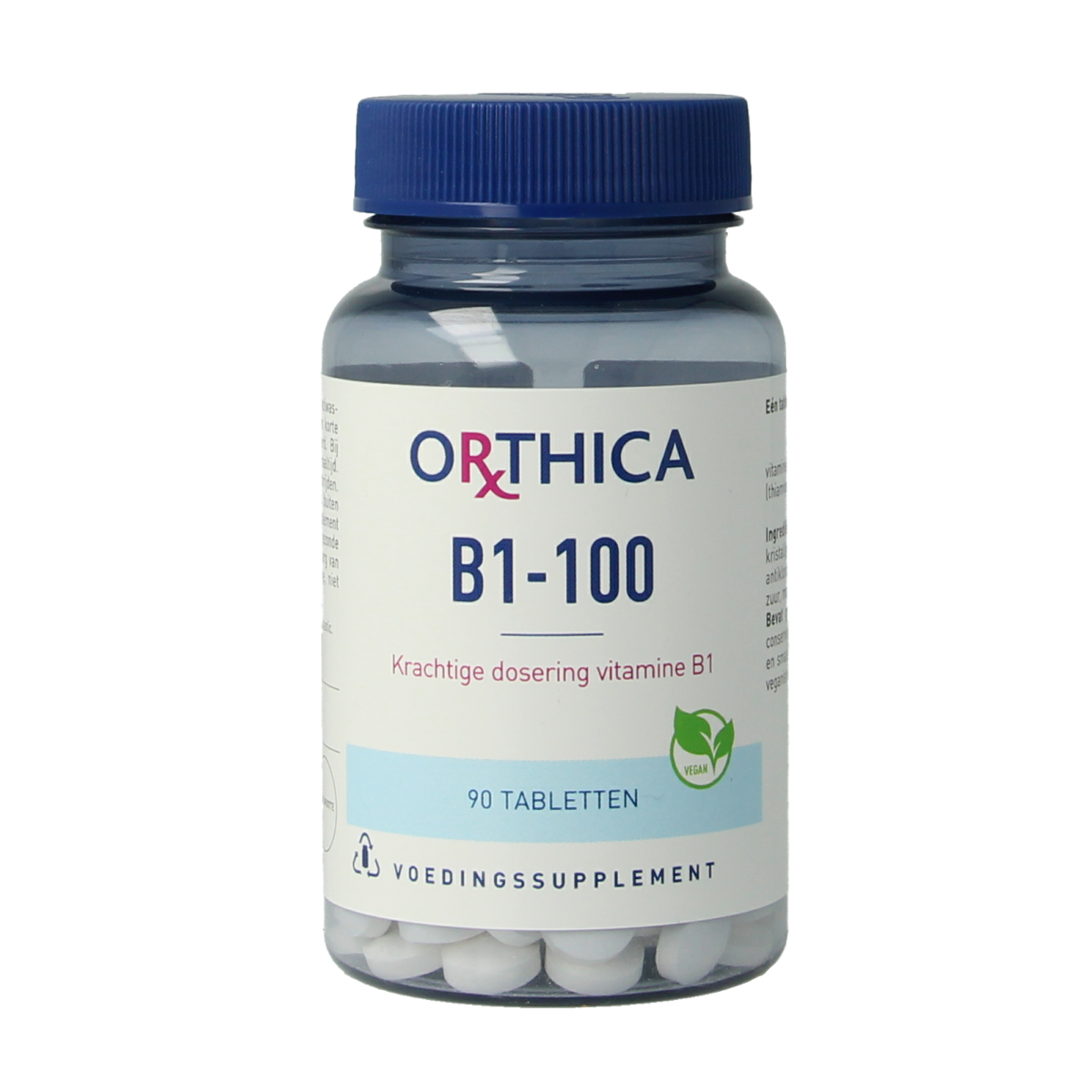 Orthica Vitamine B1 100mg supplement in a bottle of 90 tablets, natural vitamin B1 supplement for daily health.