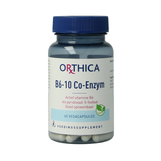Orthica B6-10 Co-enzym vegetarian capsules, vitamin B6 supplement in a clear bottle with capsules inside.