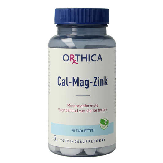 Orthica Cal Mag Zink mineral supplement tablets with calcium, magnesium, and zinc in a bottle, showing the product label.