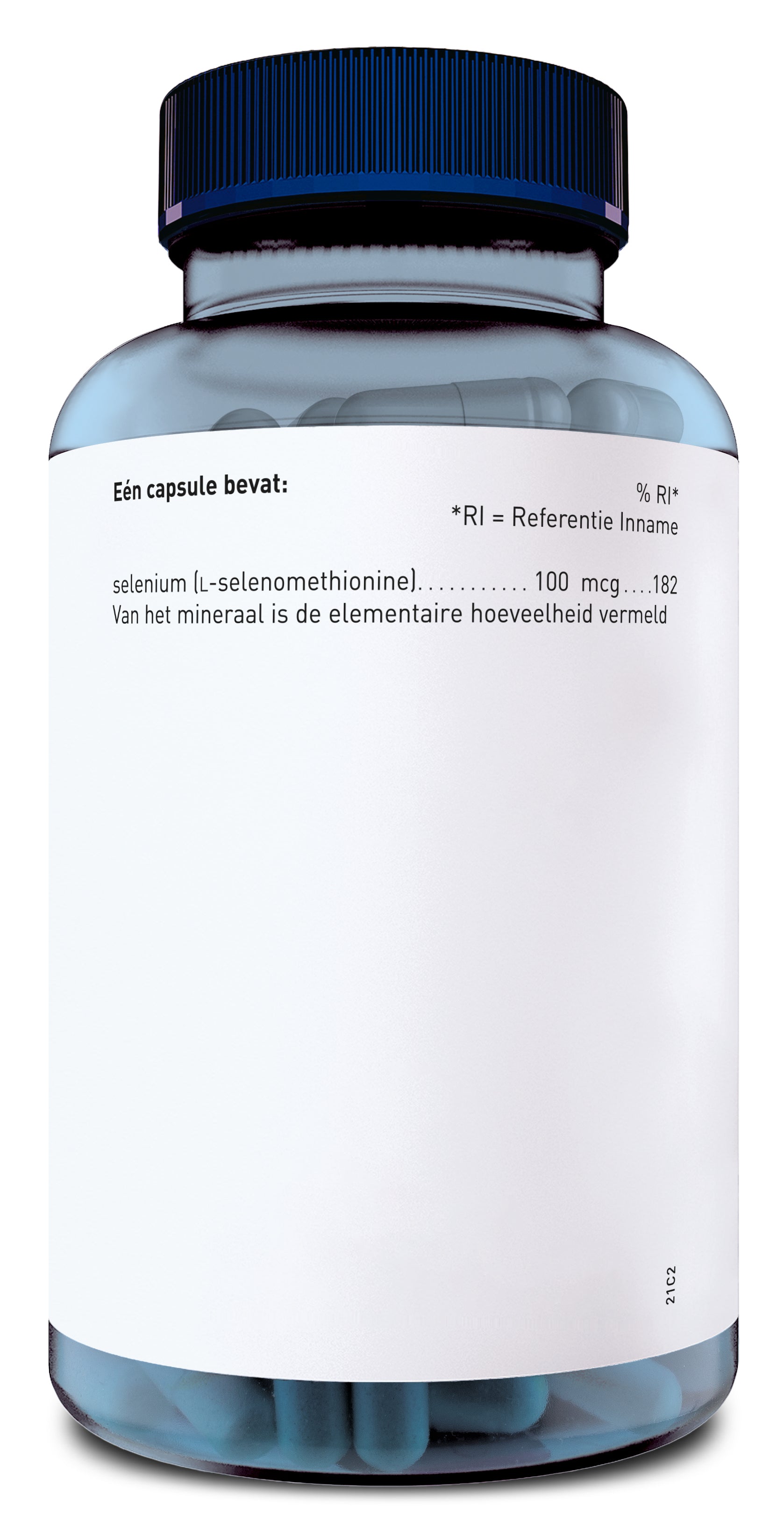 Orthica L-Selenomethionine 100 capsules, dietary supplement with selenium, shown in a container with capsules on a white background.
