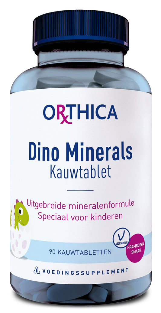 Orthica Dino minerals multivitamin tablets, dietary supplement with essential minerals in a colorful bottle.