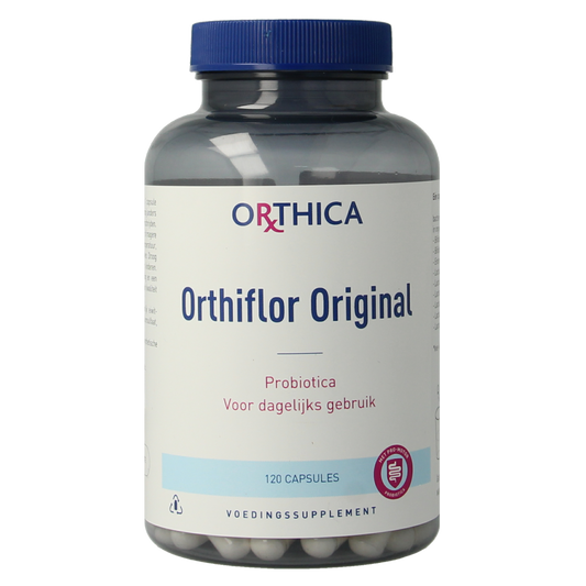 Orthica Orthiflor original probiotic capsules with micro-organisms, displayed in a bottle on a white background.