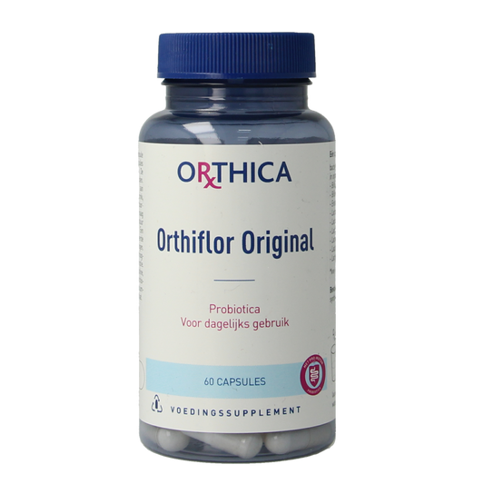 Orthica Orthiflor original probiotic capsules with micro-organisms, shown in a bottle, 60 capsules for digestive health.