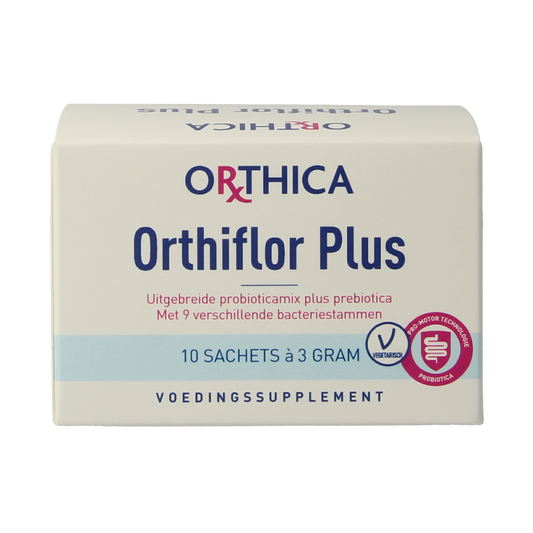Orthica Orthiflor Plus probiotic sachets with micro-organisms, showing the packaging and sachets, for digestive health support.