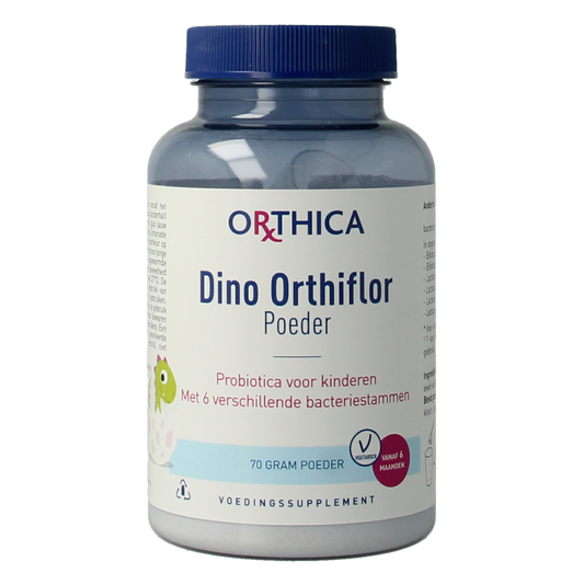 Orthica Dino orthiflor probiotic supplement in a 70g container, featuring micro-organisms for digestive health.