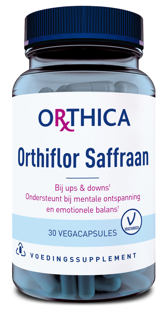 Orthica Orthiflor saffraan vegetarian capsules in a bottle, herbal supplement for wellness and vitality.